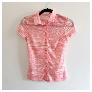 NWT Adika bright pink/white mesh top short-sleeve, button-up marbled pattern XS